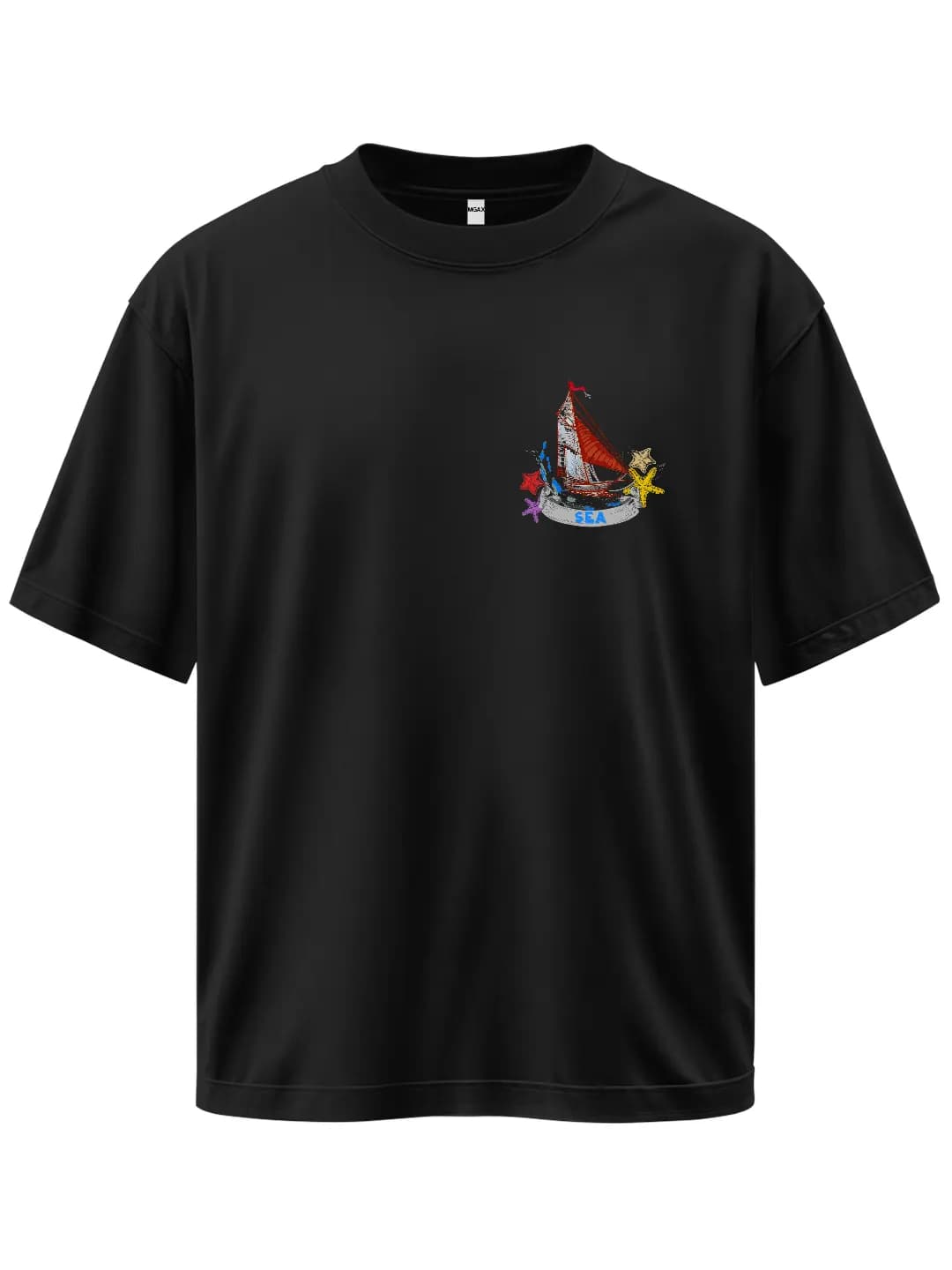 Oversize Deniz Yıldızı Yelkenli Arma Baskılı Tasarım Tişört 1