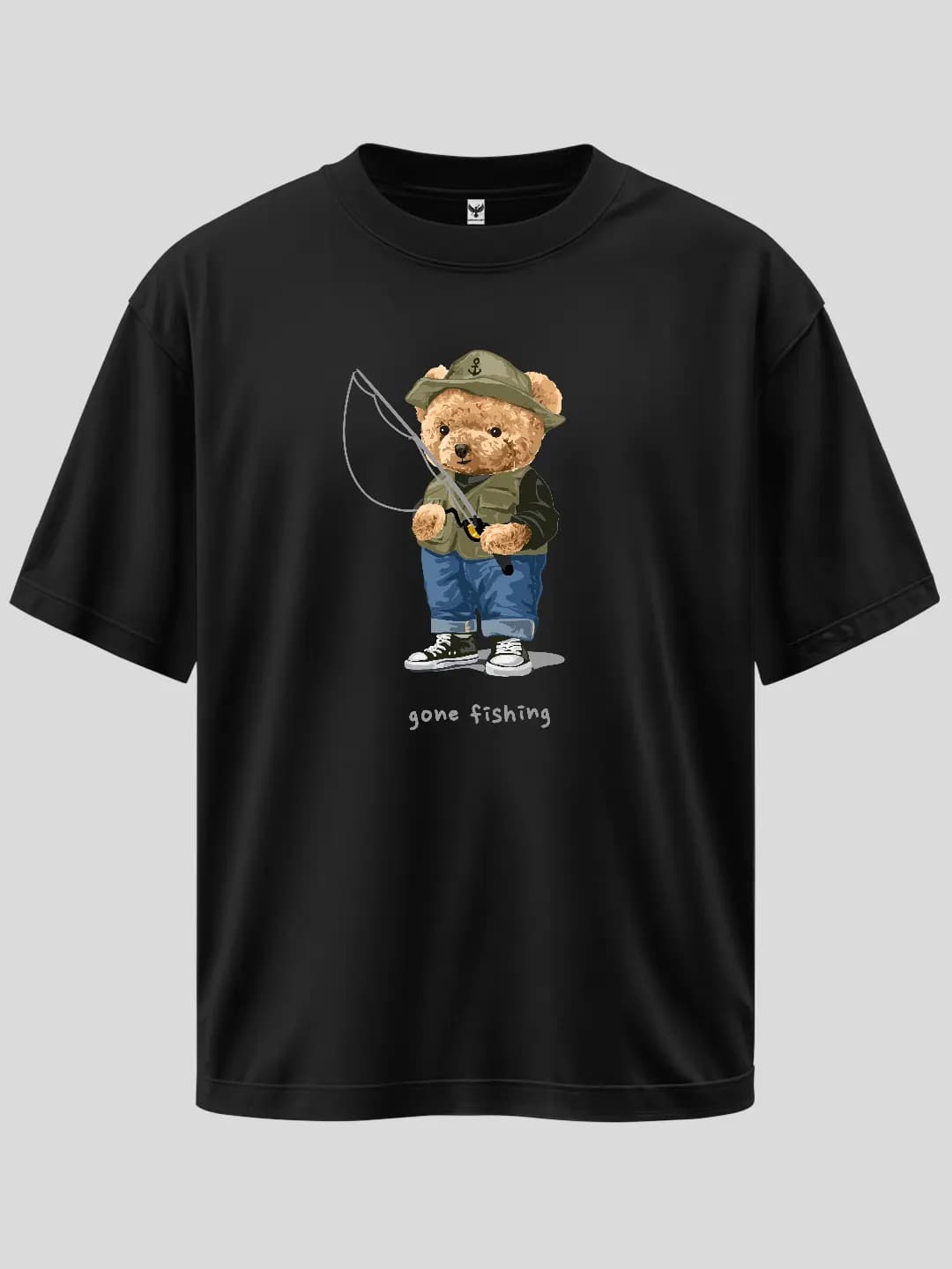Gone Fishing Balıkçı Ayıcık Baskılı Oversize Tişört 1