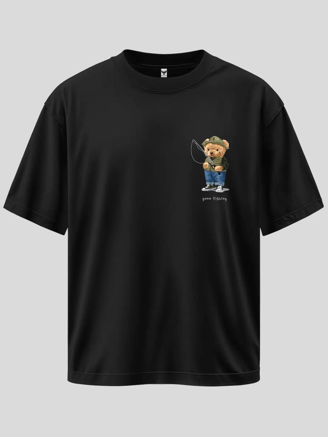 Gone Fishing Balıkçı Ayıcık Arma Baskılı Oversize Tişört 1
