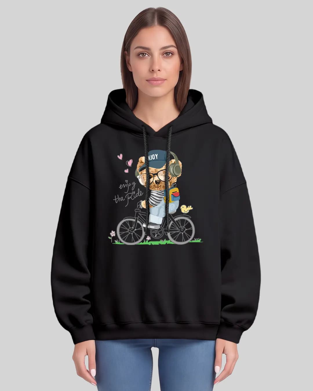 Enjoy the Ride Bisikletli Kedi Baskılı Oversize Hoodie 1