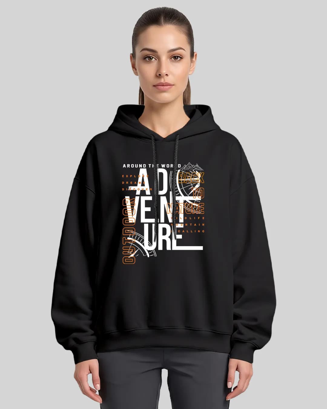 Around The World Adventure Tasarımlı Oversize Boxy Fit Hoodie 1