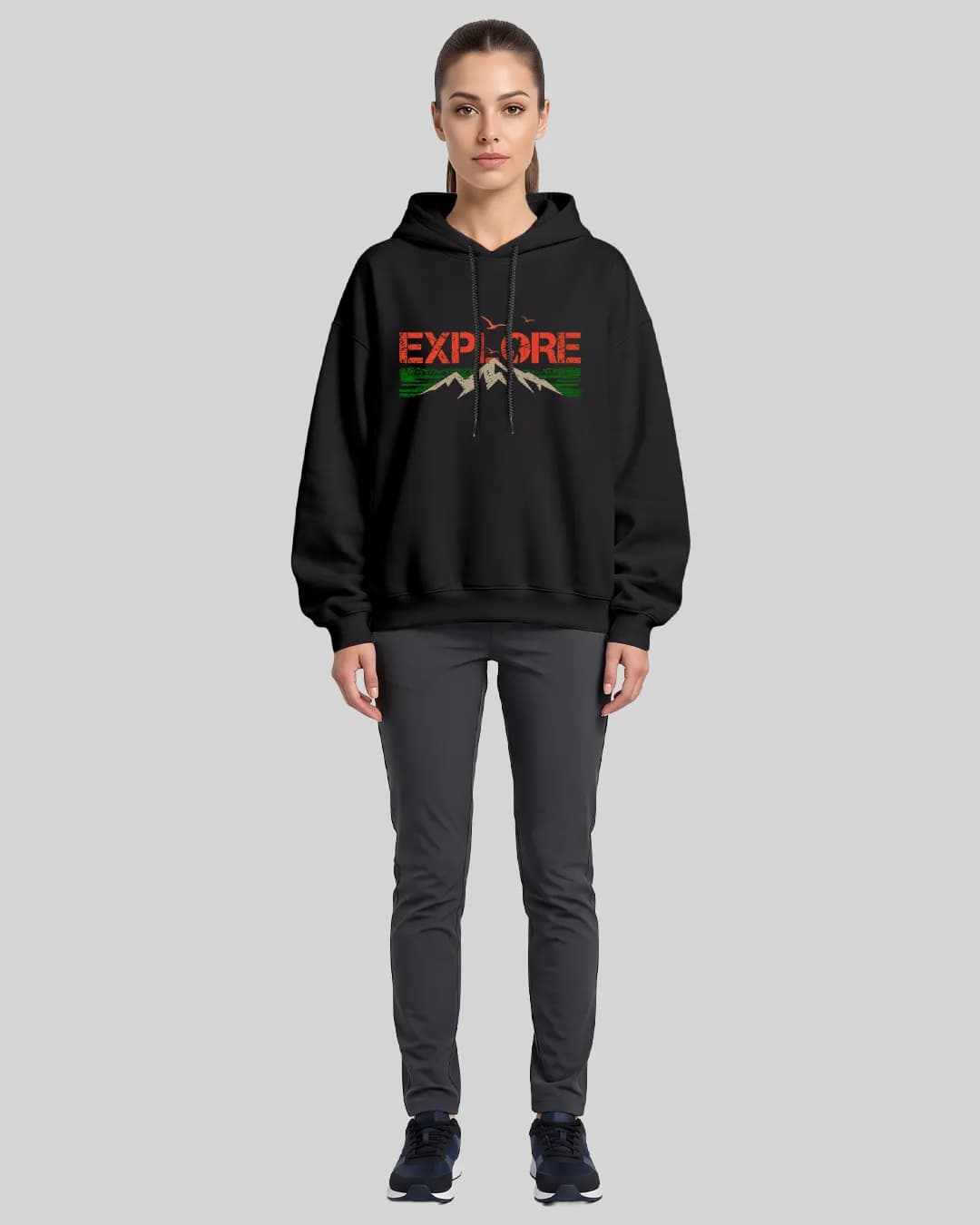 Explore Mountain Birds Tasarımlı Oversize Boxy Fit Hoodie 1