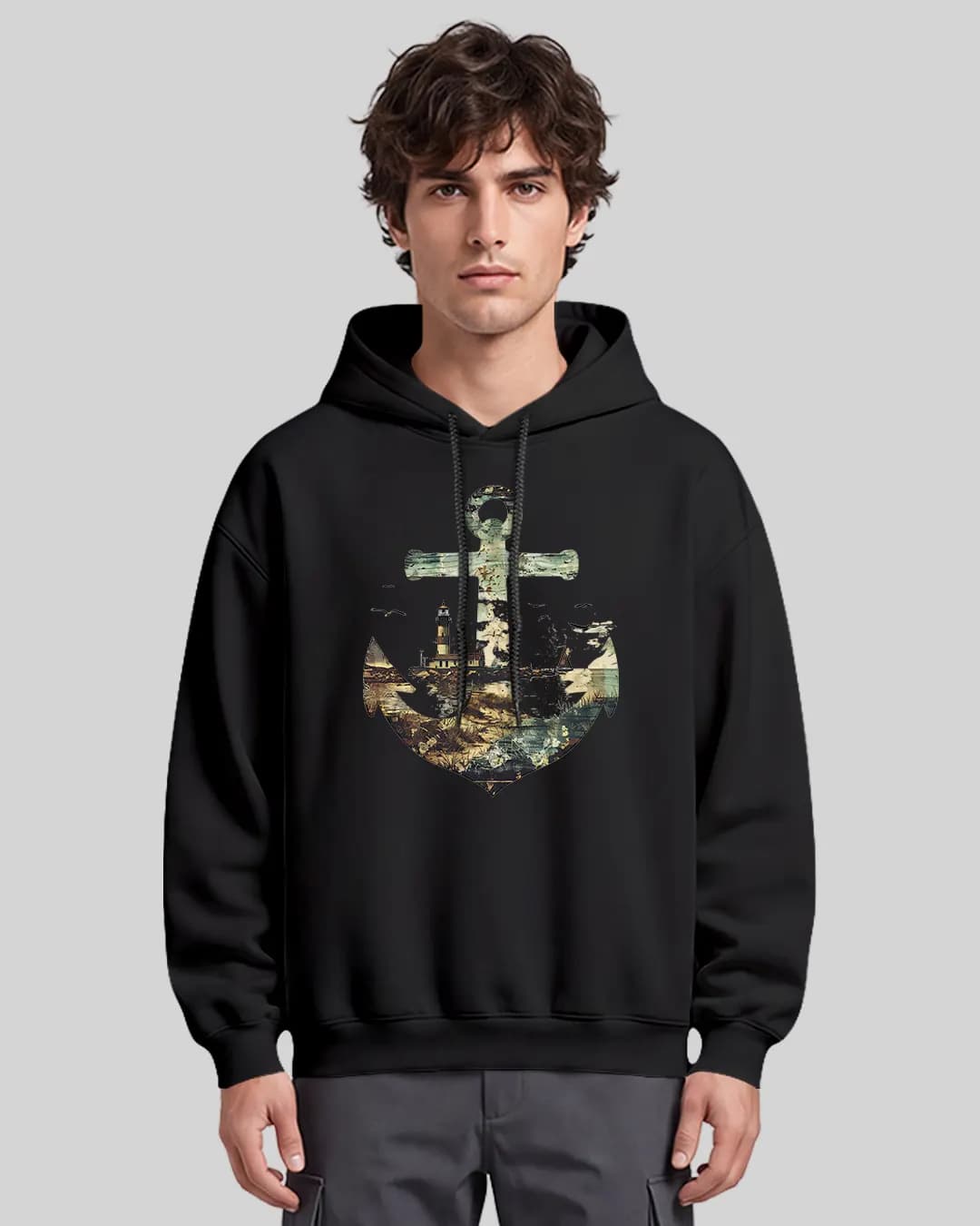 Deniz Feneri Çıpa Tasarımlı Oversize Boxy Fit Hoodie 1