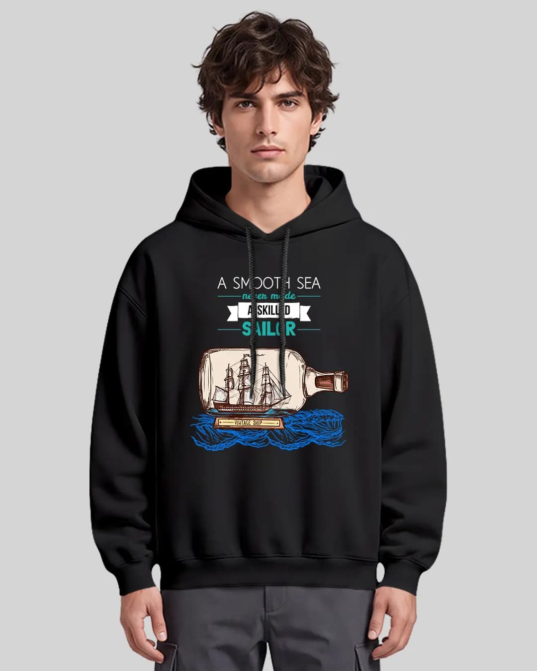 Sakin Deniz Yoktur Denizci Tasarımlı Oversize Boxy Fit Hoodie 1