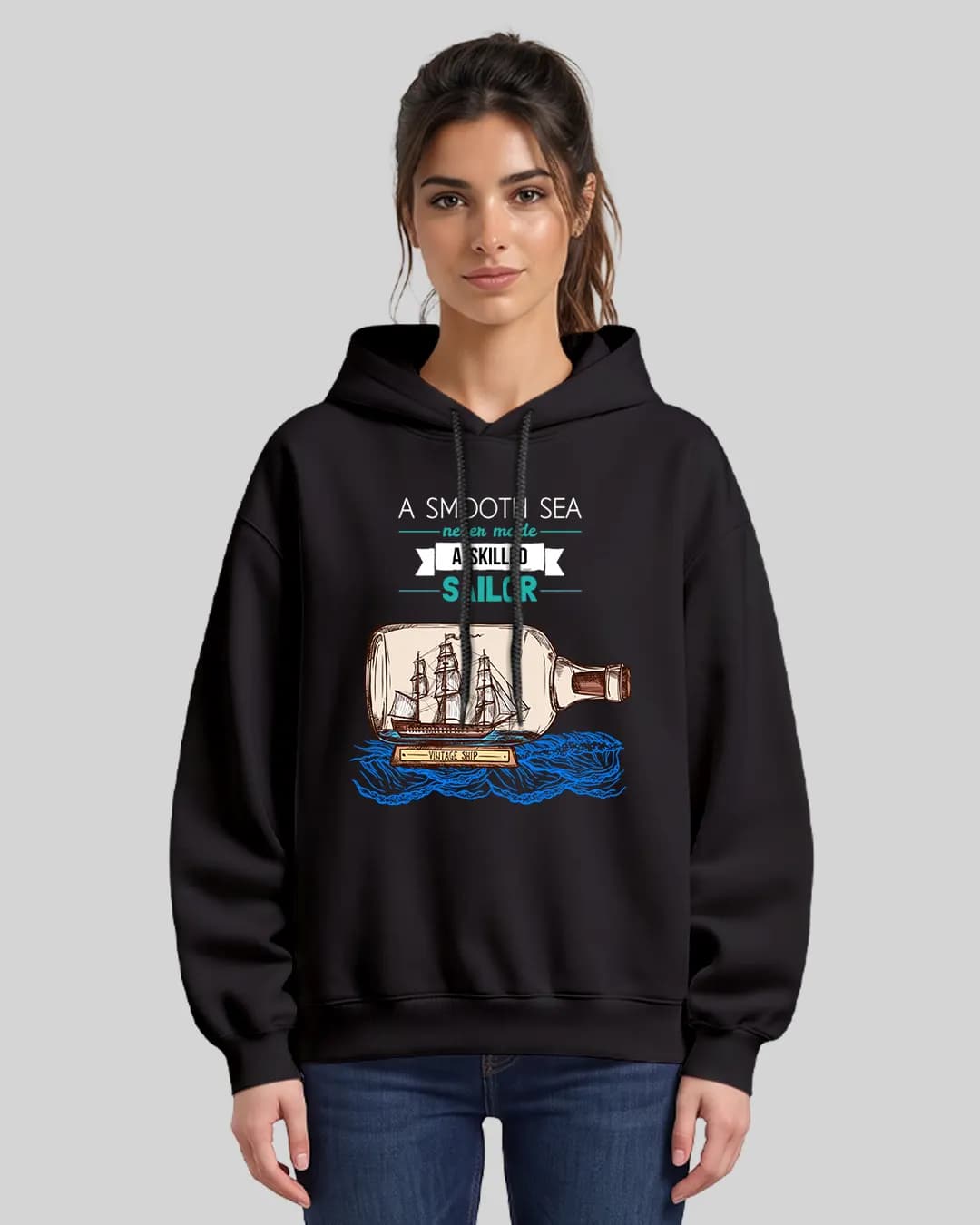 Sakin Deniz Yoktur Denizci Tasarımlı Oversize Boxy Fit Hoodie 1