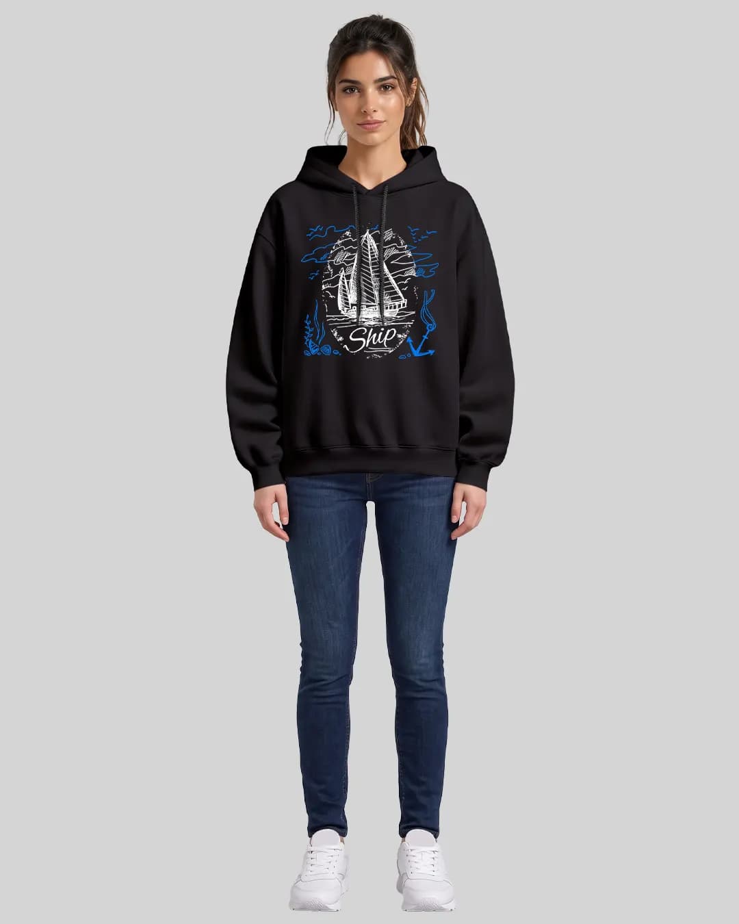 Ship Tasarımlı Oversize Boxy Fit Hoodie 1