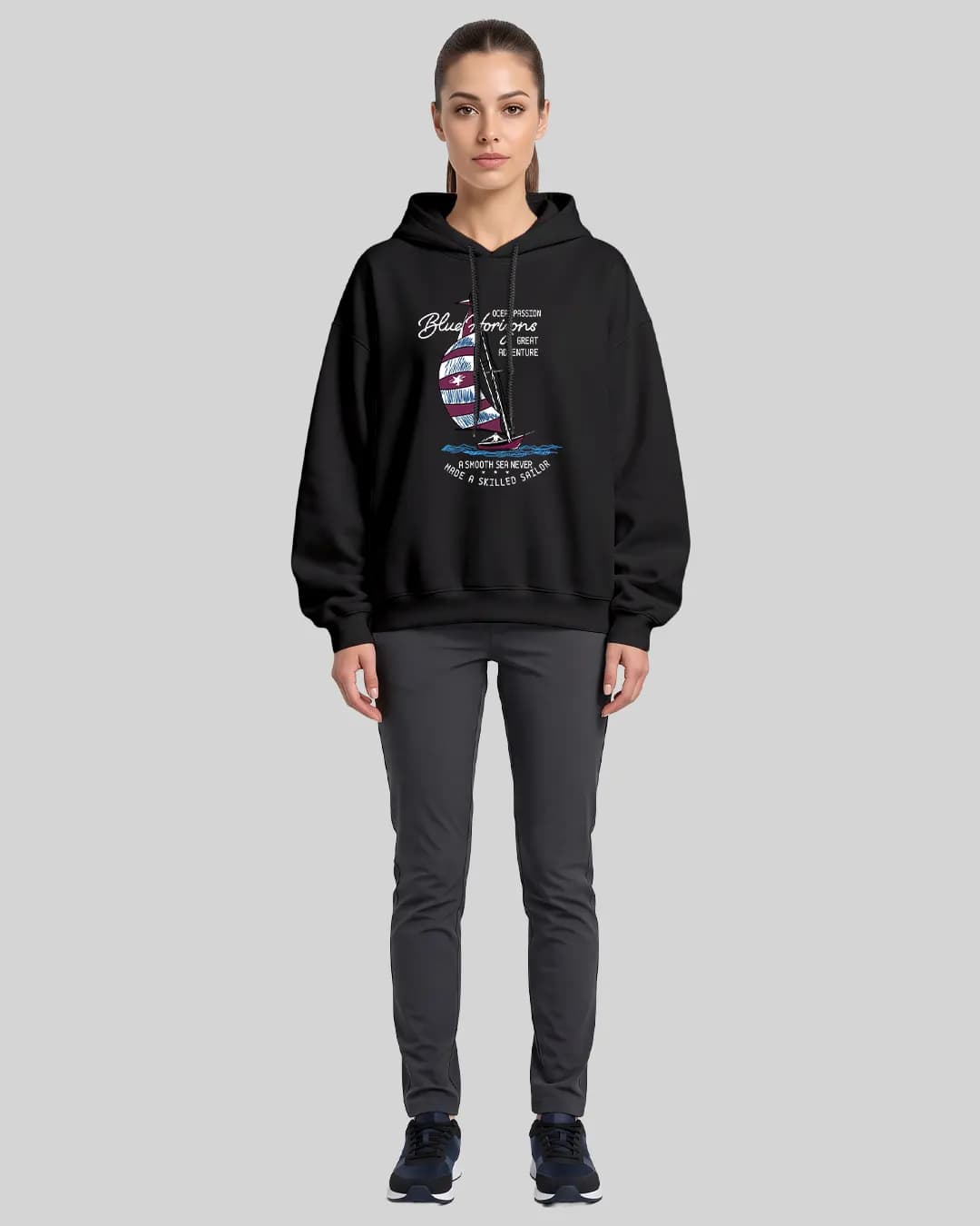 Yelkenli Mavi Ufuk Tasarımlı Oversize Boxy Fit Hoodie 1