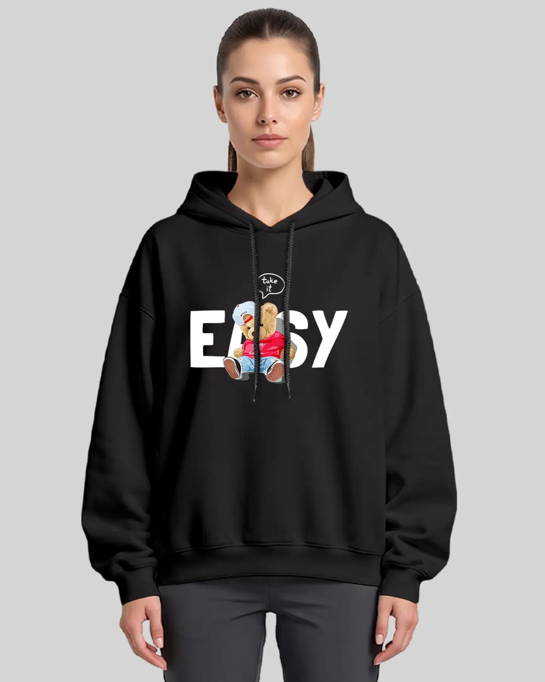 Take It Easy Teddy Bear Oversize Boxy Fit Hoodie 1